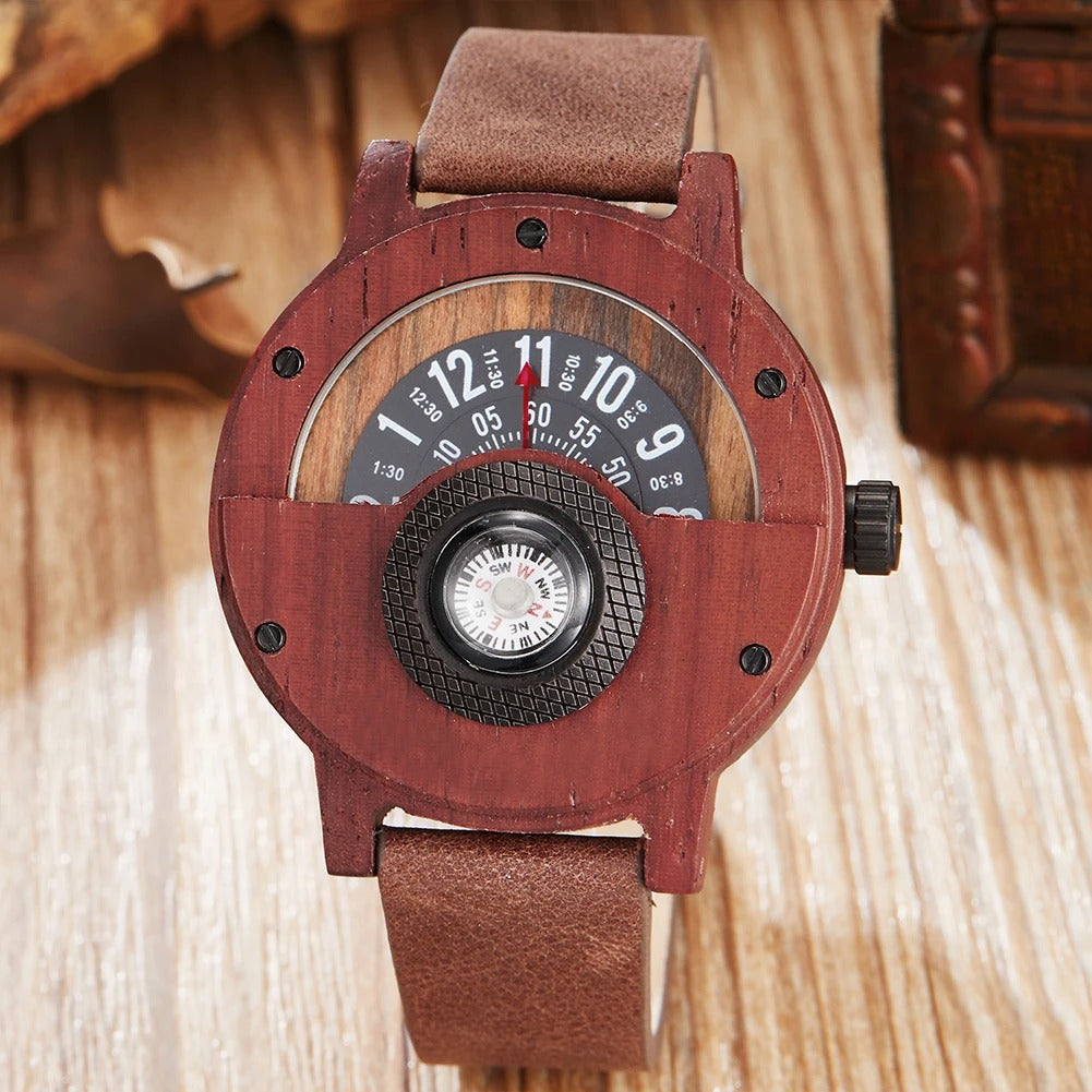 Unique men's wood watch featuring a compass, genuine leather strap, and a robust design for daily wear.