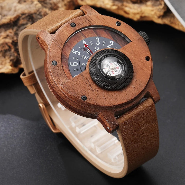 Rugged men's accessory: natural wood compass watch with a premium leather band, ideal for outdoor enthusiasts.