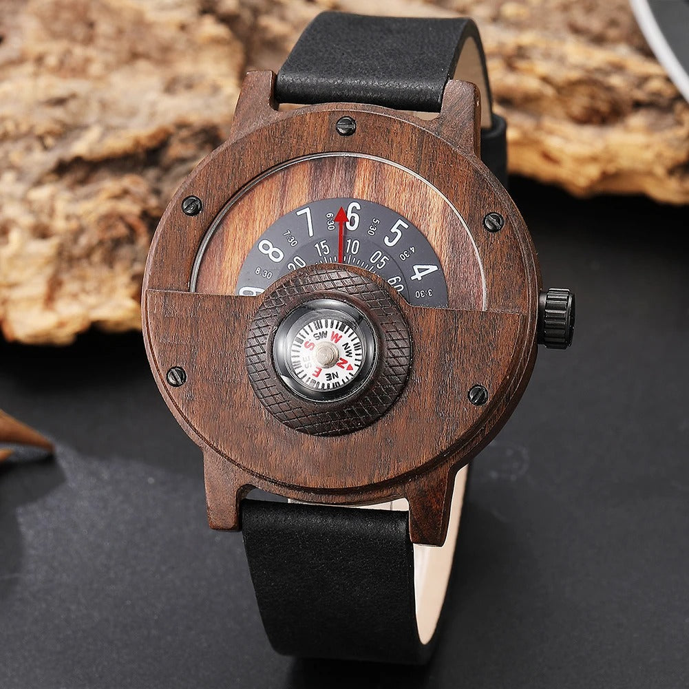 Stylish men's watch with a natural wood casing and durable leather strap, featuring a functional compass.