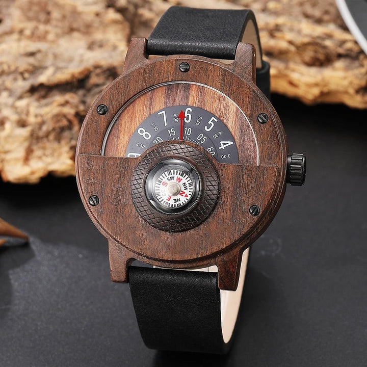 Stylish men's watch with a natural wood casing and durable leather strap, featuring a functional compass.