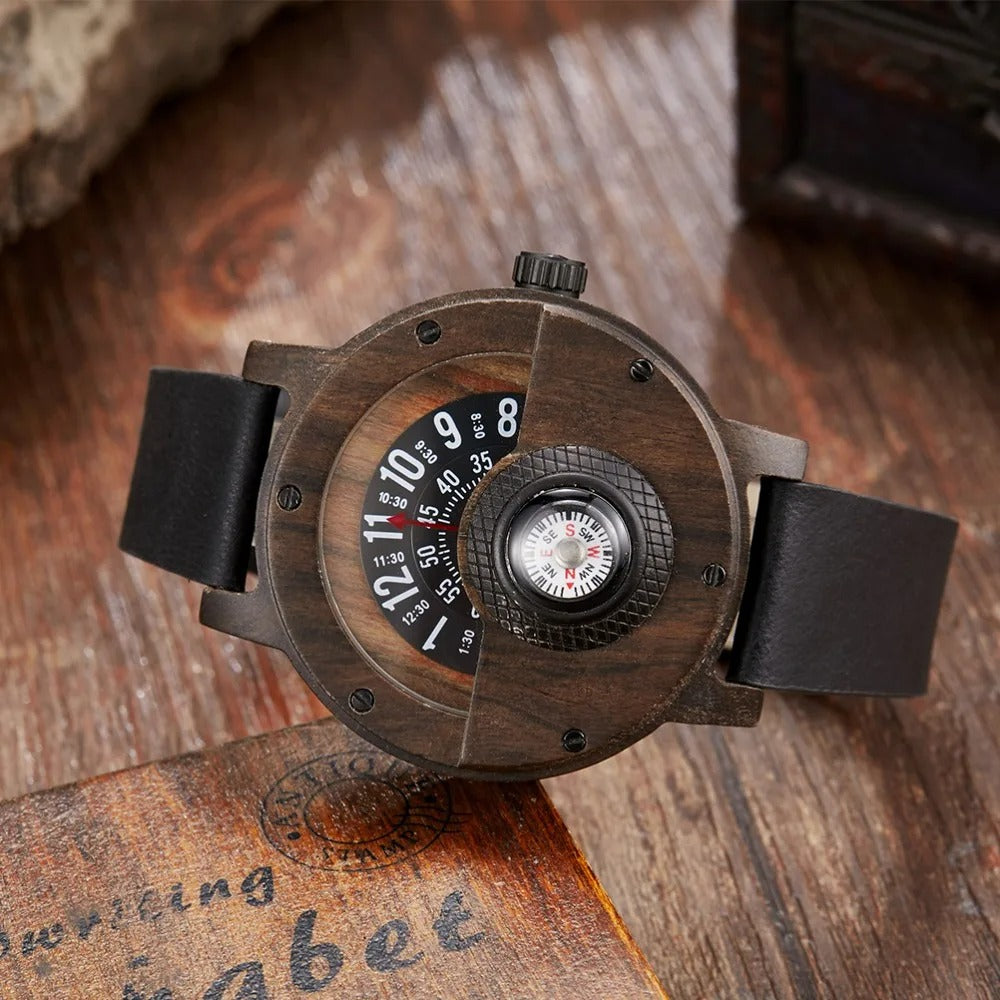 Outdoor-ready men's wood watch, rugged design with genuine leather band and integrated compass feature.