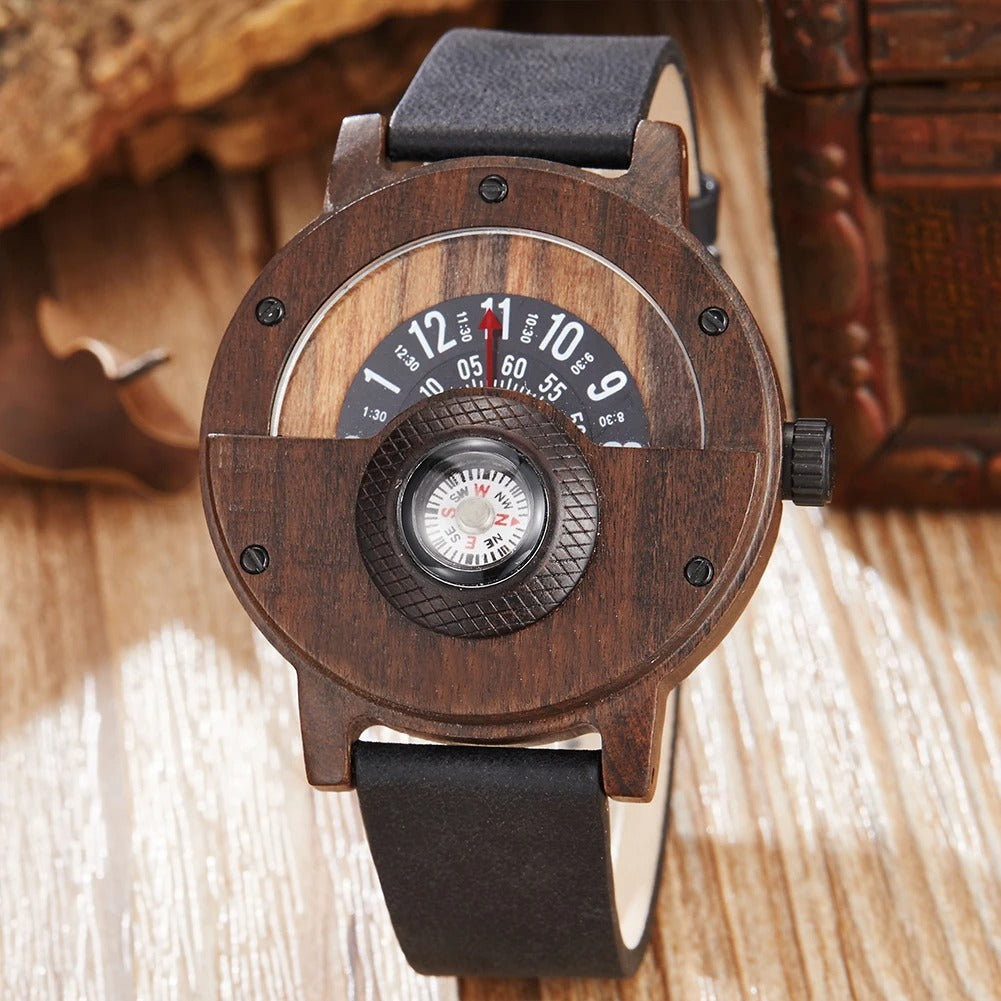 Unique men's accessory: natural wood watch with a comfortable leather strap and built-in compass for navigation.