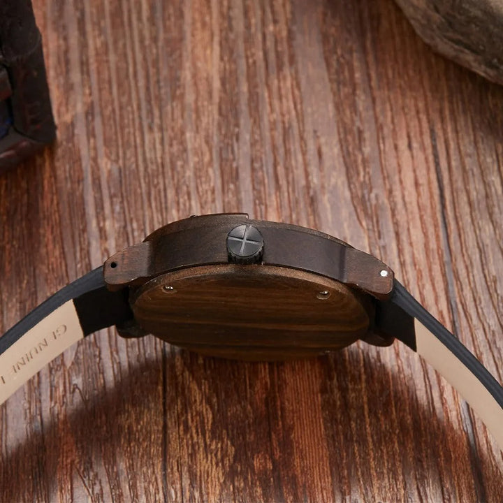 Rugged men's quartz watch, crafted from natural wood with a genuine leather band and clear compass dial.