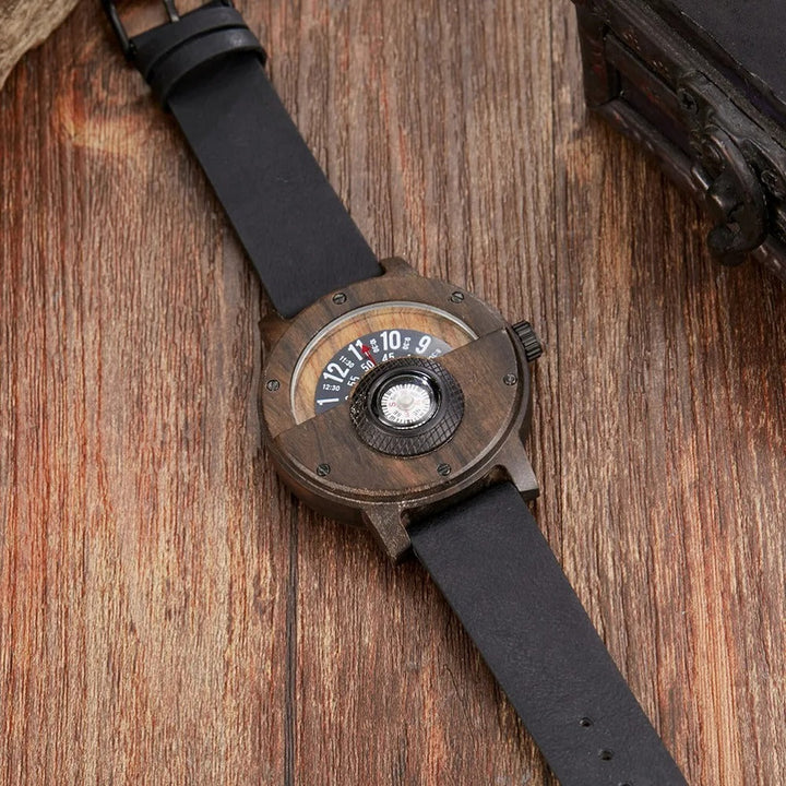Men's outdoor wood watch, combining a sturdy wood case, leather strap, and a reliable compass for adventurers.
