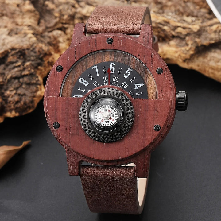 Natural wood & leather men's watch, a rugged outdoor accessory with an easy-to-read compass dial.