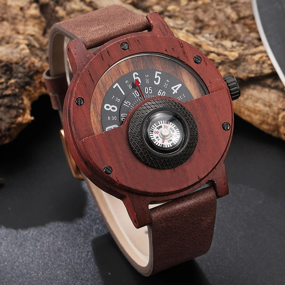 Men's wood watch with a soft leather strap and a working compass, perfect for a rugged outdoor look.