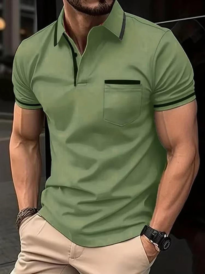 White men's short sleeve polo shirt, collared, with a chest pocket for a smart casual look.
