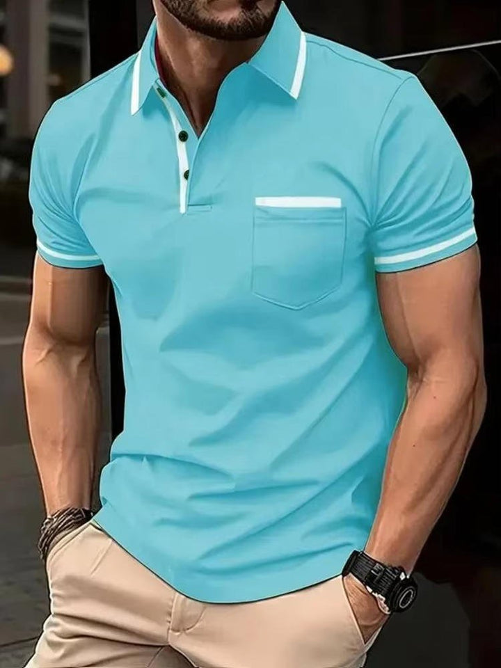 Stylish men's short sleeve polo shirt with chest pocket, classic fit, versatile for any occasion.