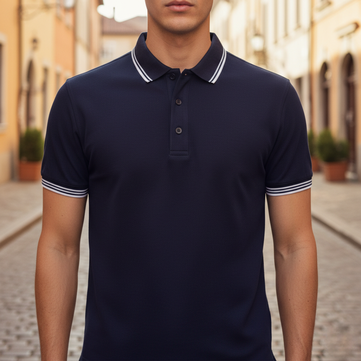 Men's short sleeve polo shirt with tipped collar. Smart casual breathable design.