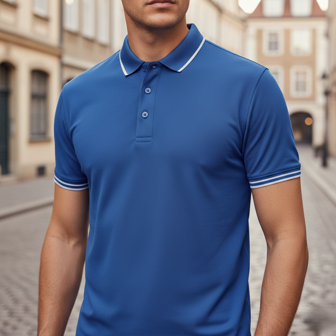 Fashionable men's short sleeve tipped polo. Smart casual, everyday men's wear.