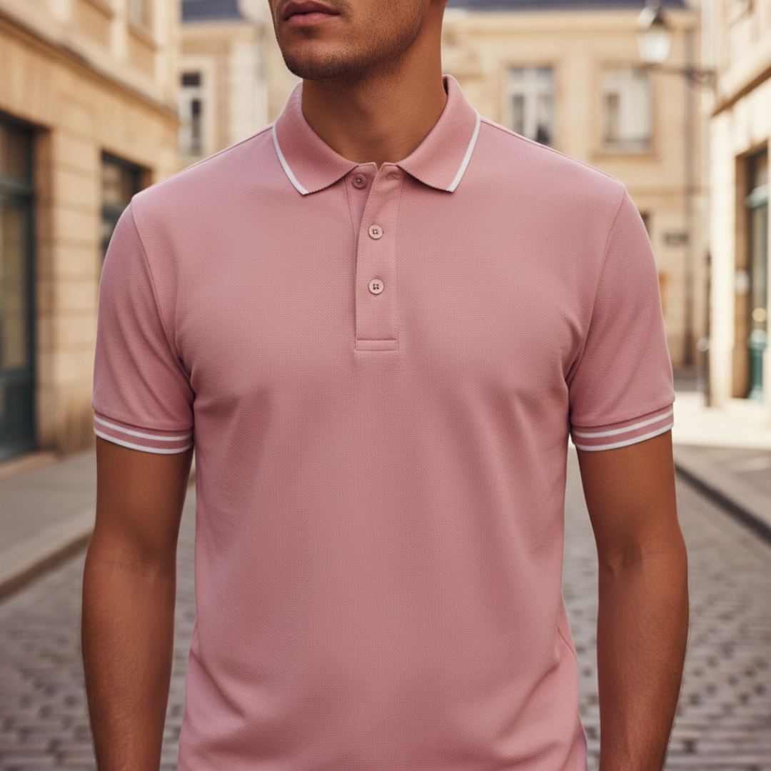 Men's tailored polo shirt, short sleeve, tipped collar for modern casual style.