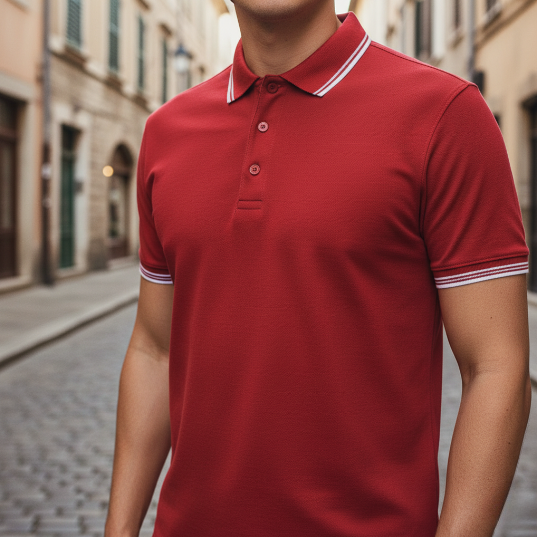 Breathable, moisture-wicking men's short sleeve polo. Tipped collar for smart casual.