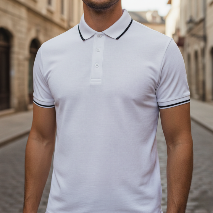 Men's fashion short sleeve tipped polo. Versatile for casual or smart casual events.