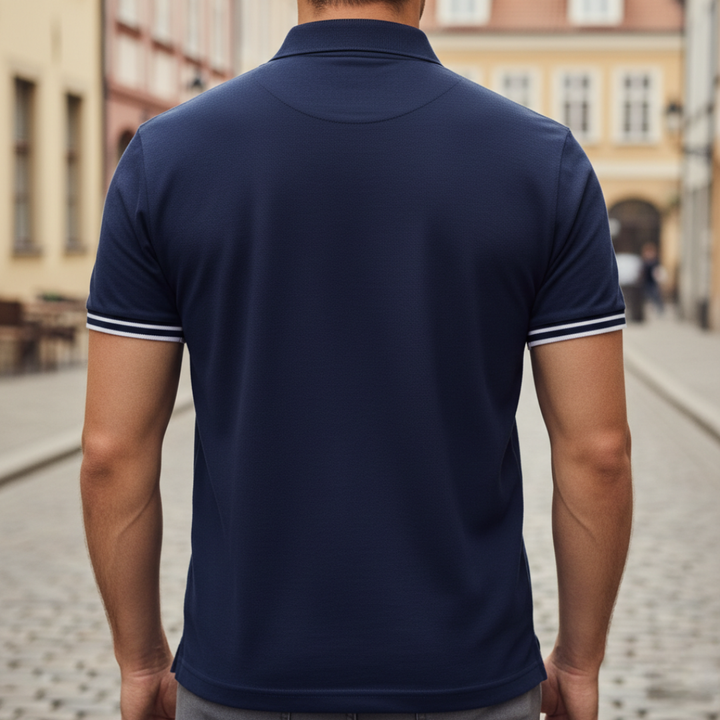 Tailored fit men's tipped polo. Short sleeve moisture-wicking everyday shirt.