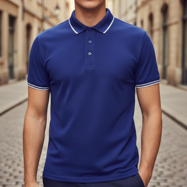 Everyday men's tipped polo, short sleeve for a clean, tailored fit.