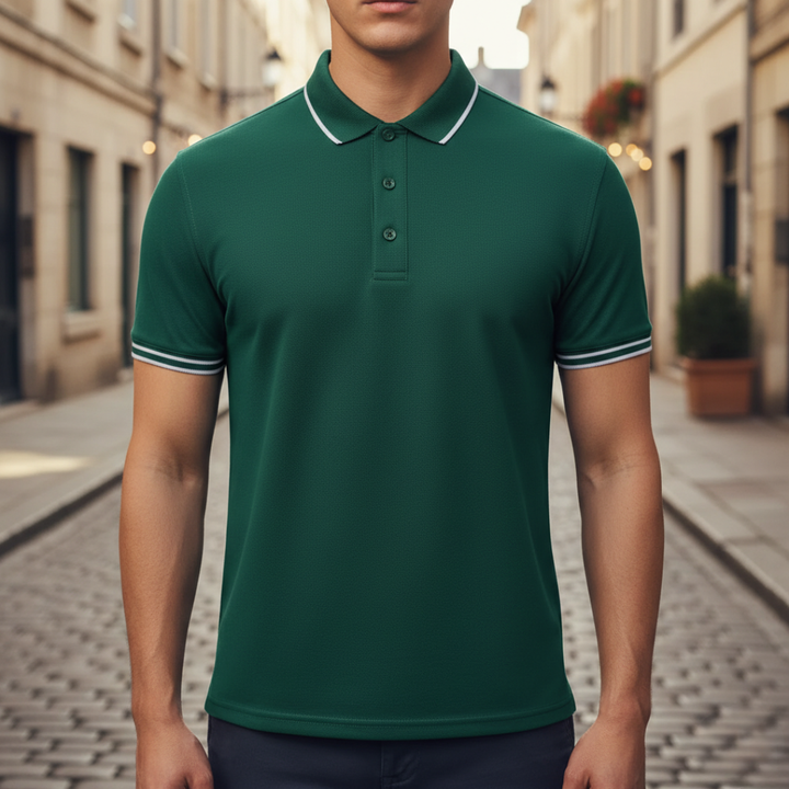 Stylish men's short sleeve polo with tipped collar. Perfect for casual outfits.