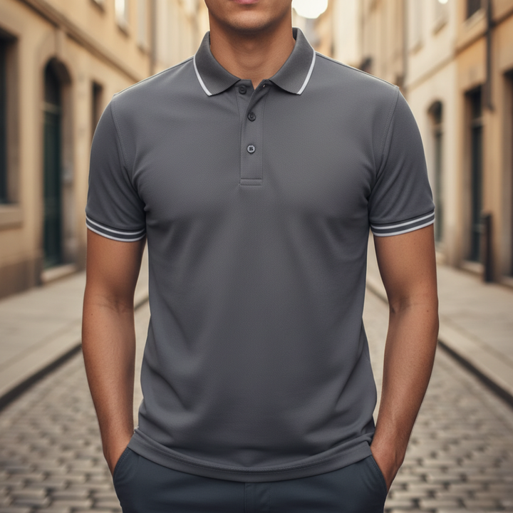 Men's tailored fit short sleeve polo, breathable fabric, contrast tipped collar.