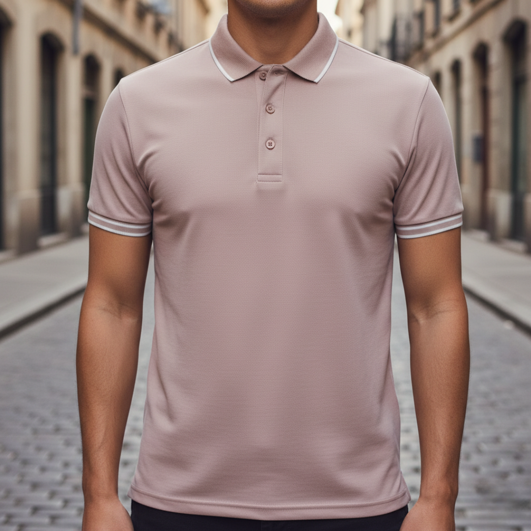Comfortable men's tipped polo shirt, short sleeve, moisture-wicking properties.