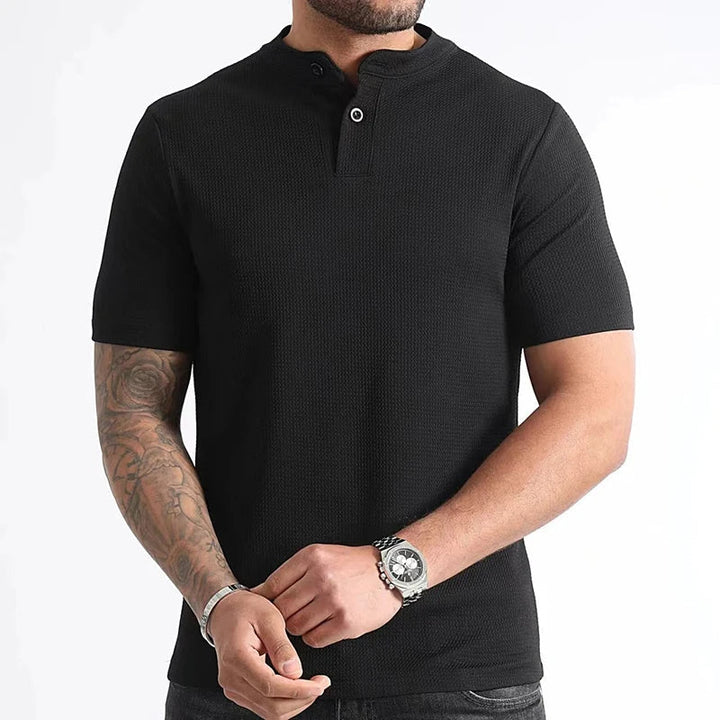 Effortlessly stylish men's short sleeve waffle henley. A comfortable, slim fit casual tee for men.