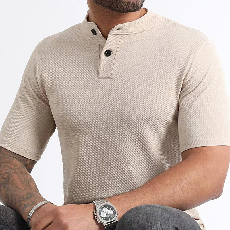 Modern men's waffle henley with a button placket, designed for all-day comfort & effortless style.