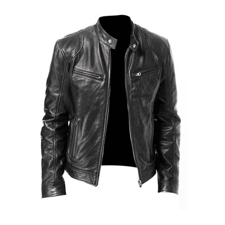 Men's sleek black racer jacket, perfect for everyday wear & versatile style. Comfortable casual outerwear for transitional weather.