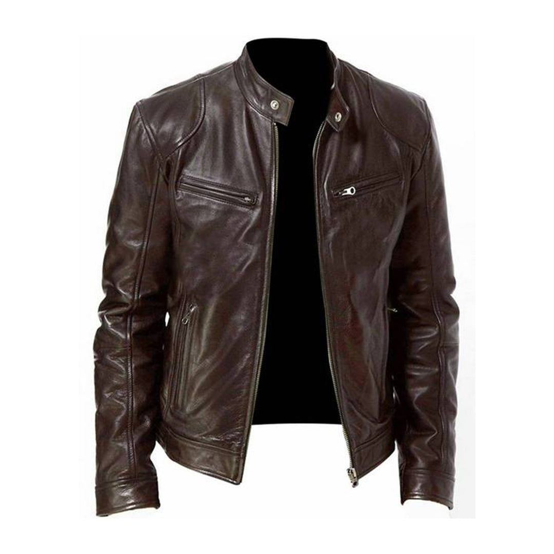 Stylish men's dark brown racer jacket with zippered front, offering versatile comfort for casual everyday outerwear.