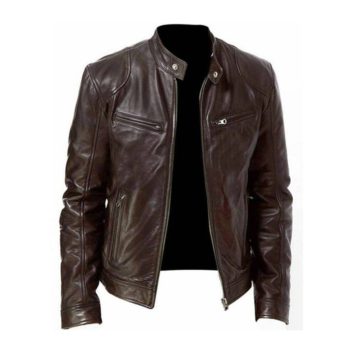 Stylish men's dark brown racer jacket with zippered front, offering versatile comfort for casual everyday outerwear.