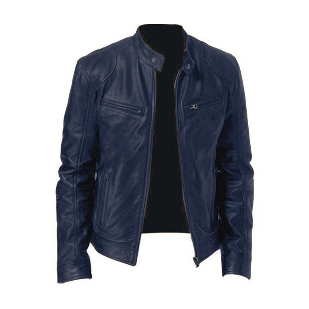 Navy blue men's racer jacket, a sleek & versatile fashion choice for casual outings & everyday comfort.