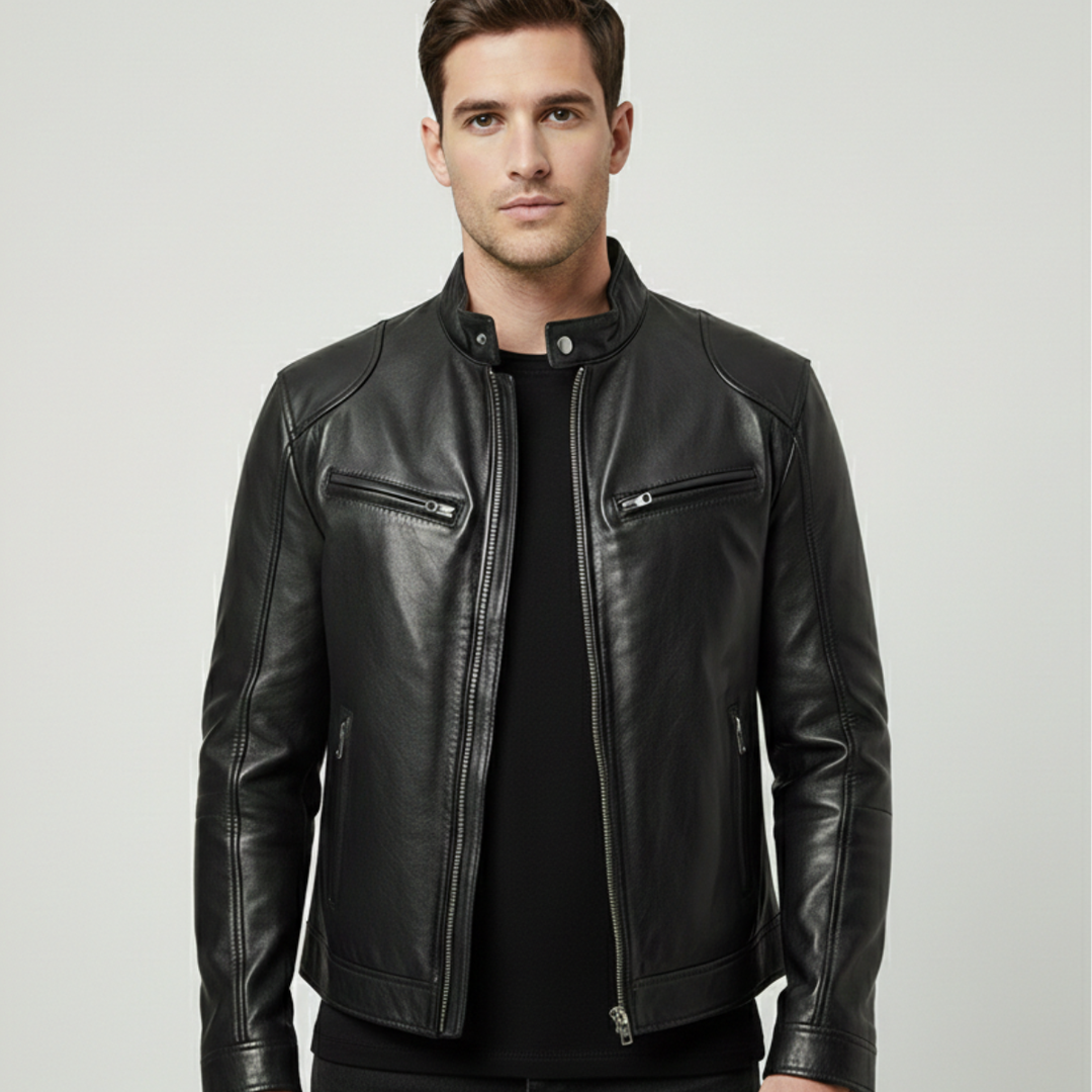 Men's sleek urban jacket, front view. Modern, versatile outerwear for all-season style and comfort.