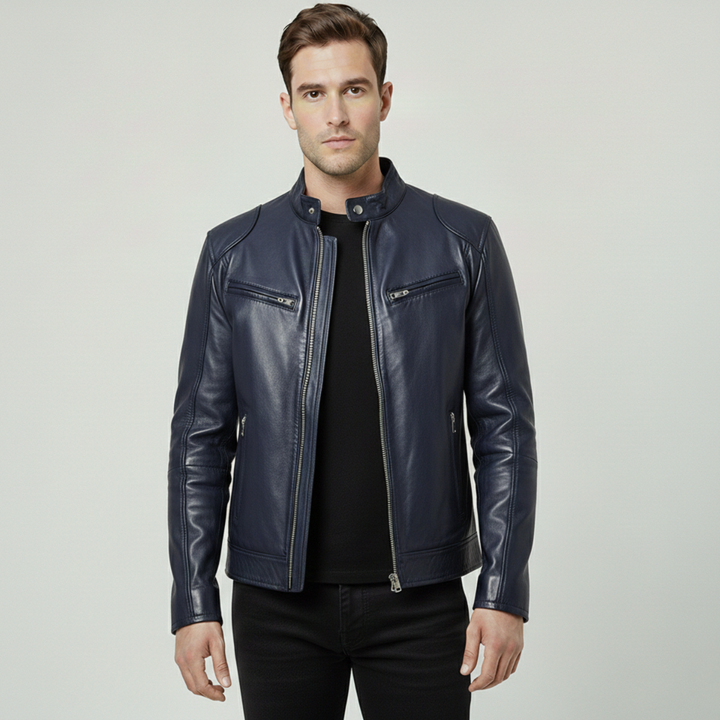 Collar detail on the men's sleek urban jacket. Elevates any look, a versatile and comfortable stylish coat.