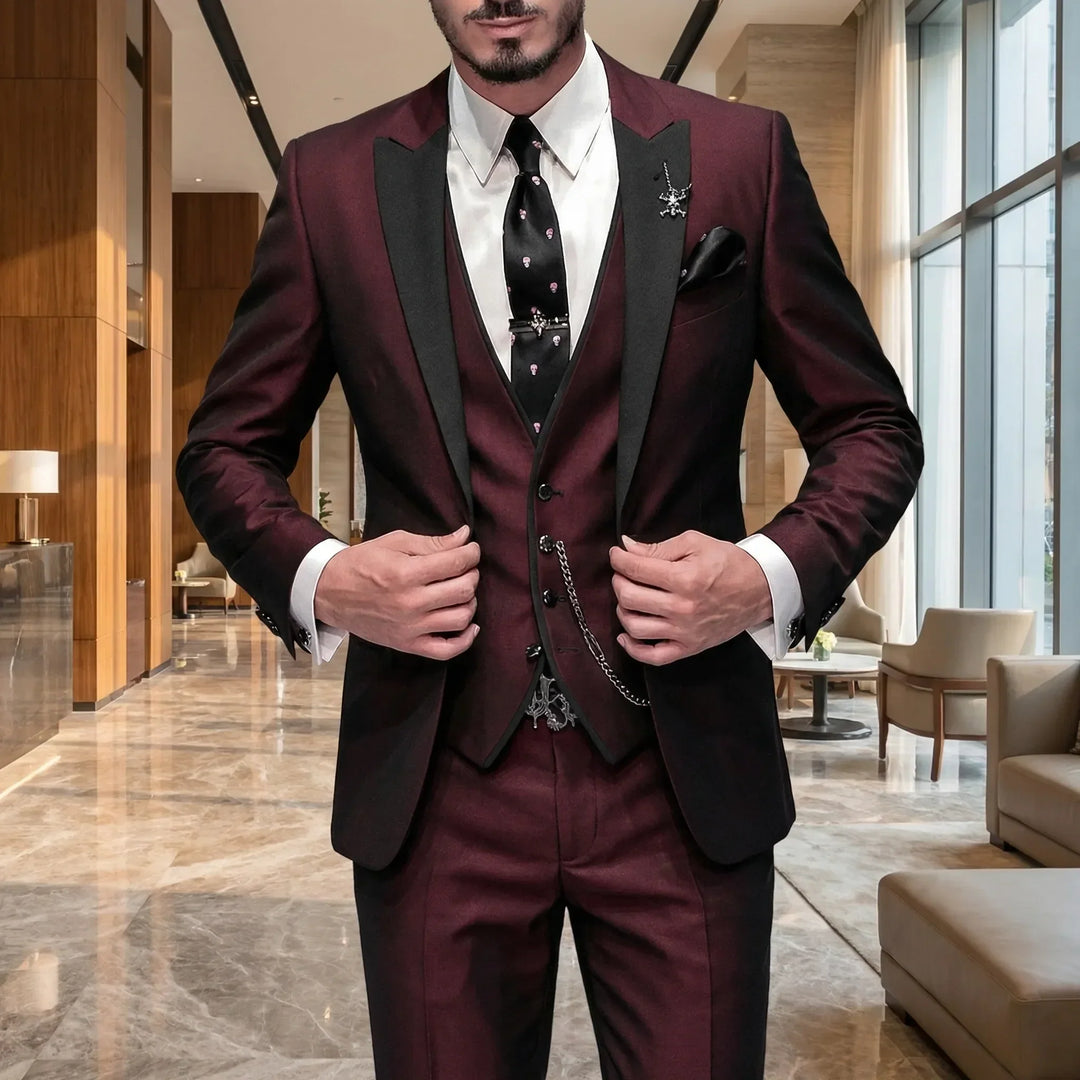 Men's slim-fit 3-piece formal suit in black, perfect for business meetings, weddings & events.