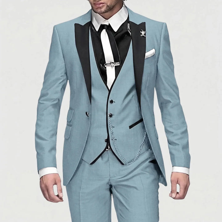 Premium dark blue men's slim-fit 3-piece formal suit, featuring a stylish contrast lapel for events.