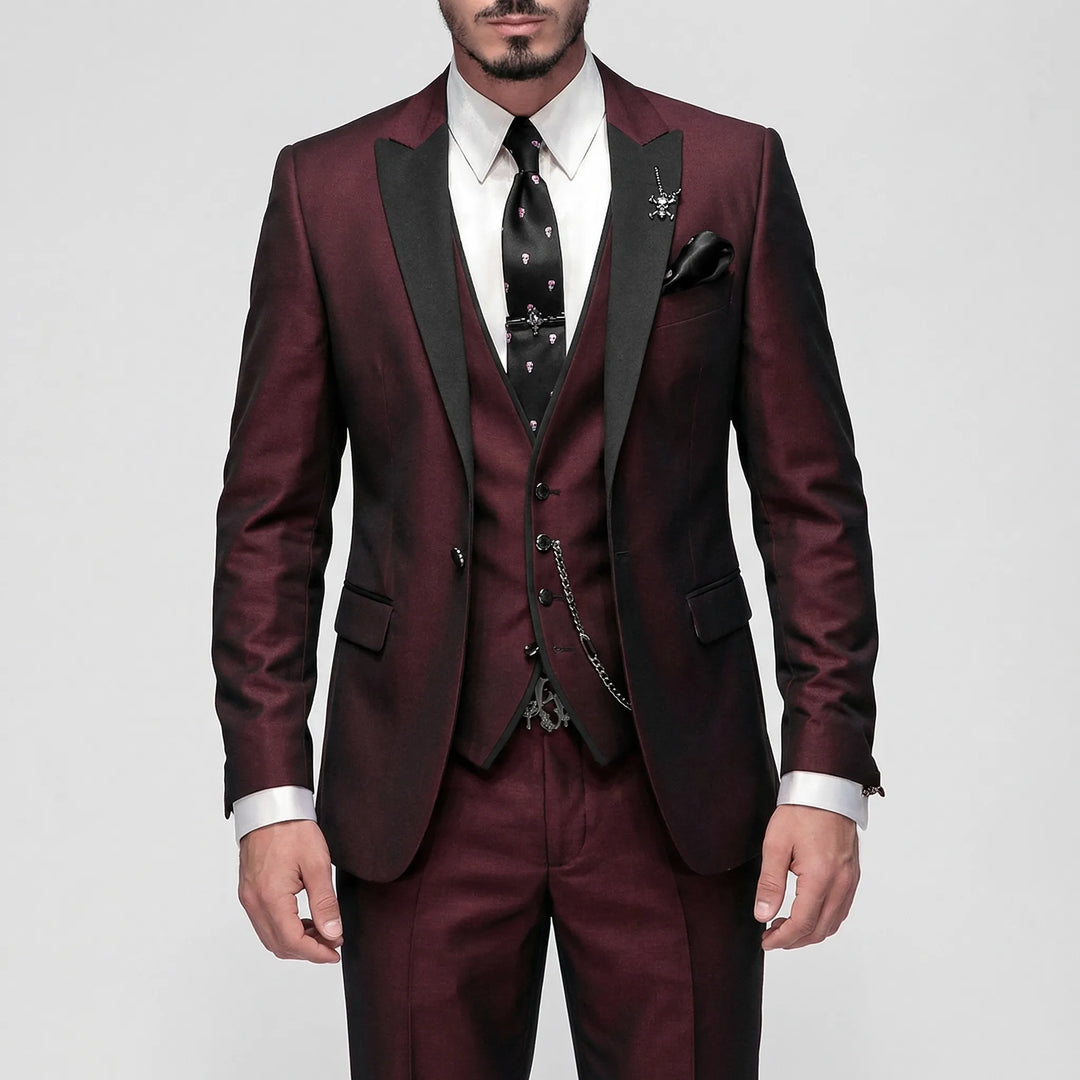 Stylish dark blue men's 3-piece slim-fit suit with a tailored fit for formal occasions & business wear.