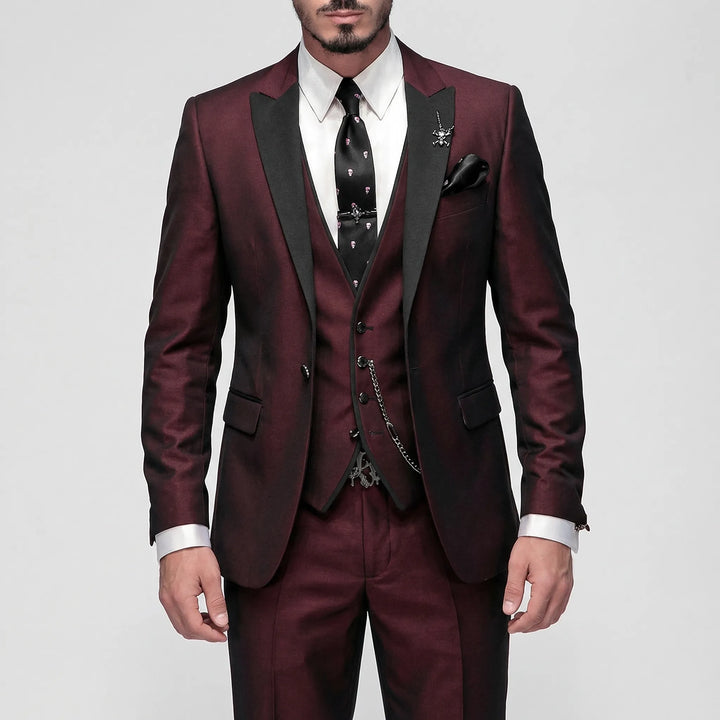 Stylish dark blue men's 3-piece slim-fit suit with a tailored fit for formal occasions & business wear.