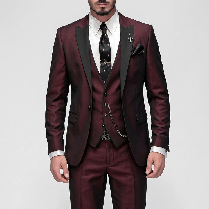Burgundy men's slim-fit 3-piece suit with a contrast lapel, a sharp choice for formal attire.
