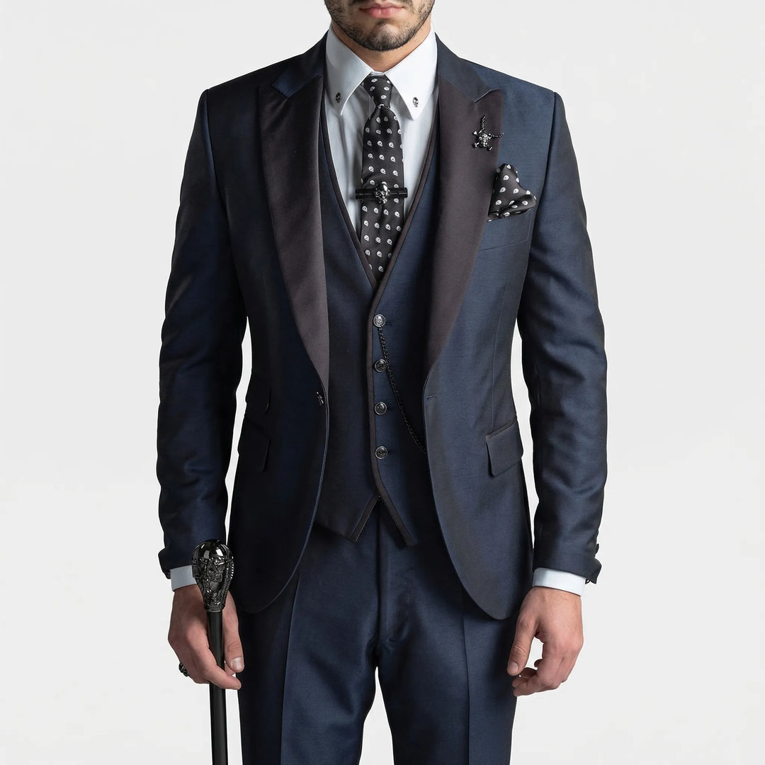 Sophisticated brown men's 3-piece slim-fit suit, ideal tailored business attire for formal events.