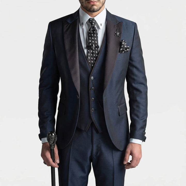 Sophisticated brown men's 3-piece slim-fit suit, ideal tailored business attire for formal events.