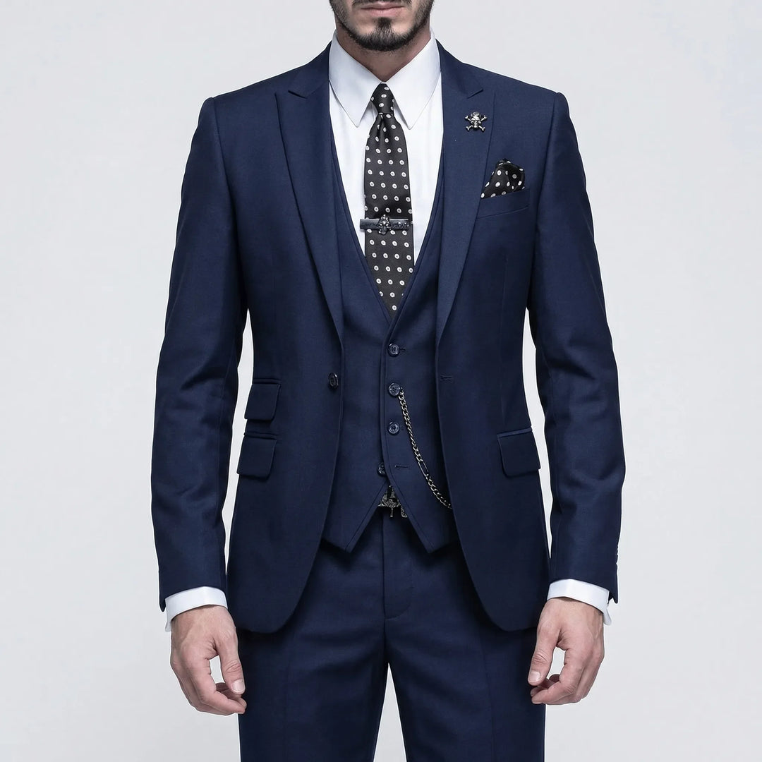 Modern green men's 3-piece slim-fit formal suit, perfect for stylish wedding guests & business functions.