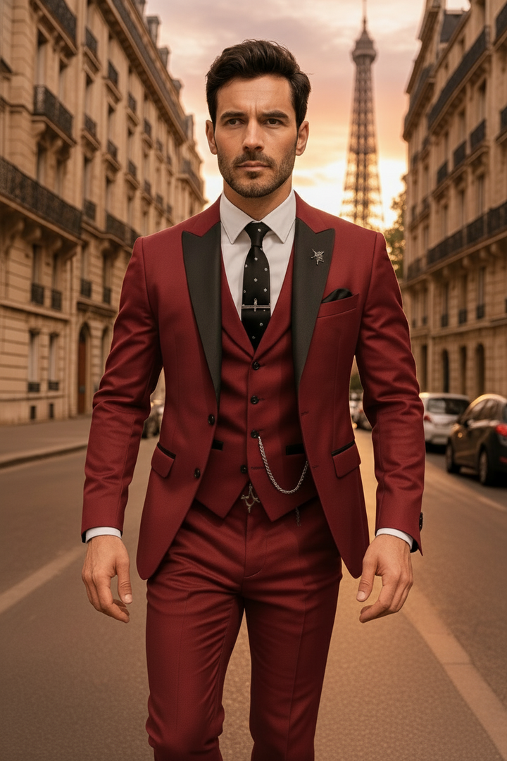 Modern slim fit men's 3-piece suit. A stylish ensemble for contemporary formal wear and wedding attire.