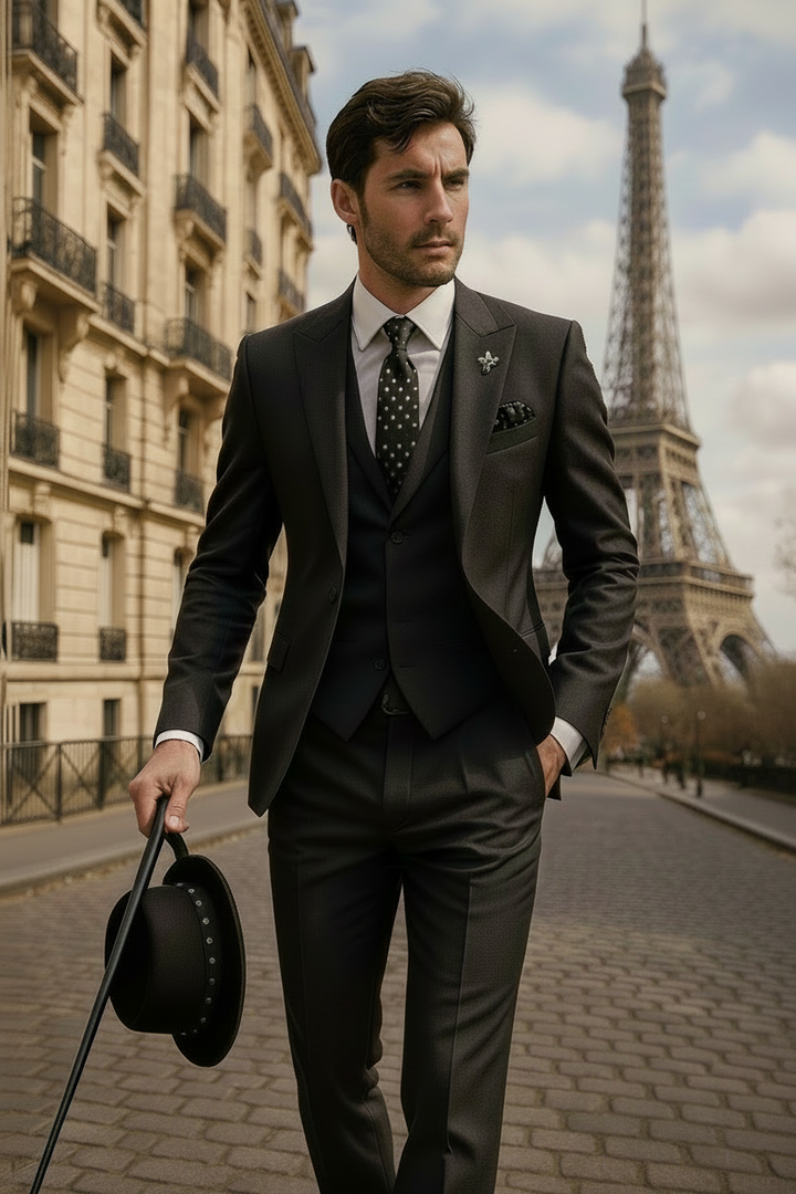 Tailored men's slim fit 3-piece suit. Perfect for modern, elegant business or wedding attire.