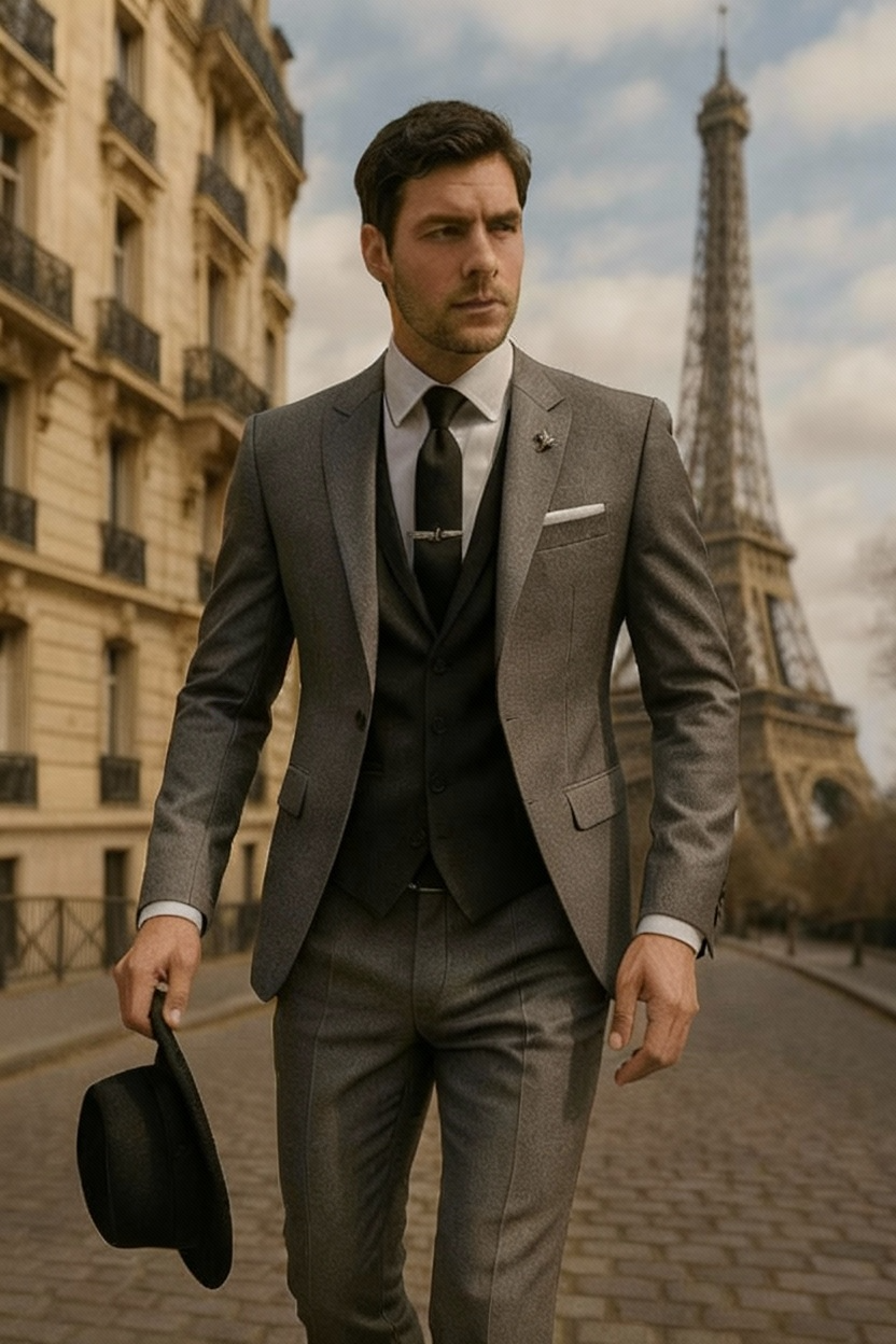 Stylish men's formal 3-piece suit. Ideal wedding attire or special occasion ensemble.