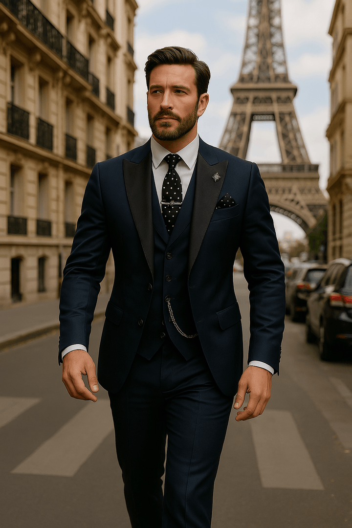 Complete men's 3-piece suit set: slim fit jacket, vest, and trousers for formal wear.