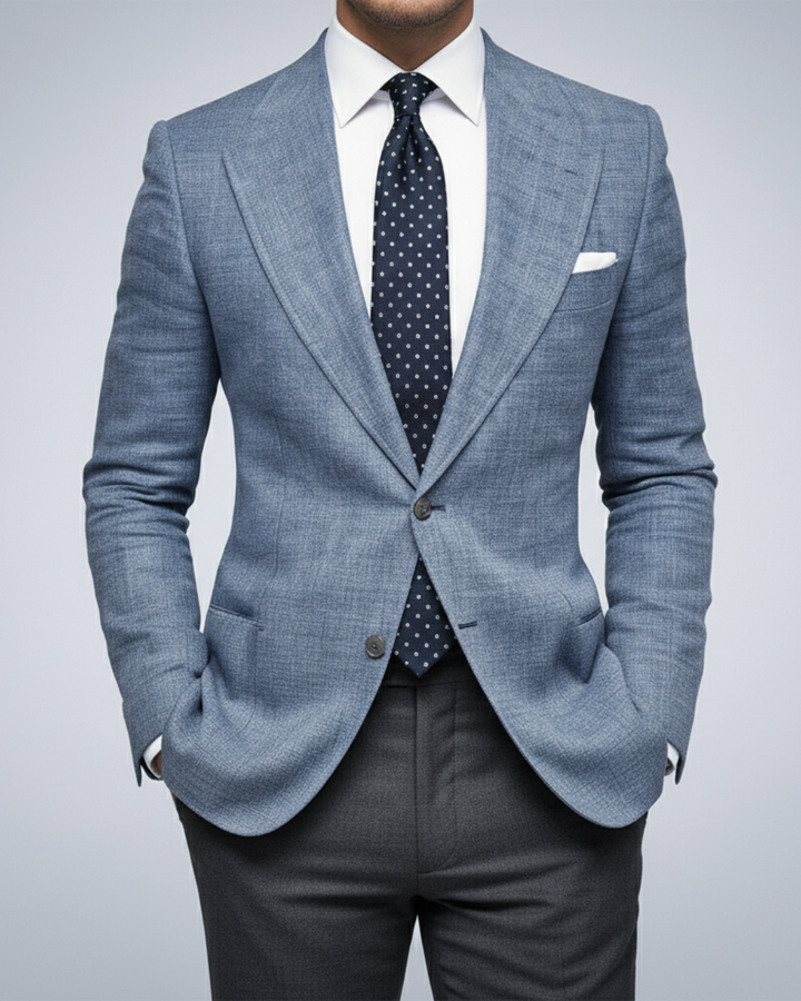 Men's slim fit blazer, a versatile tailored jacket ideal for business attire and formal events.