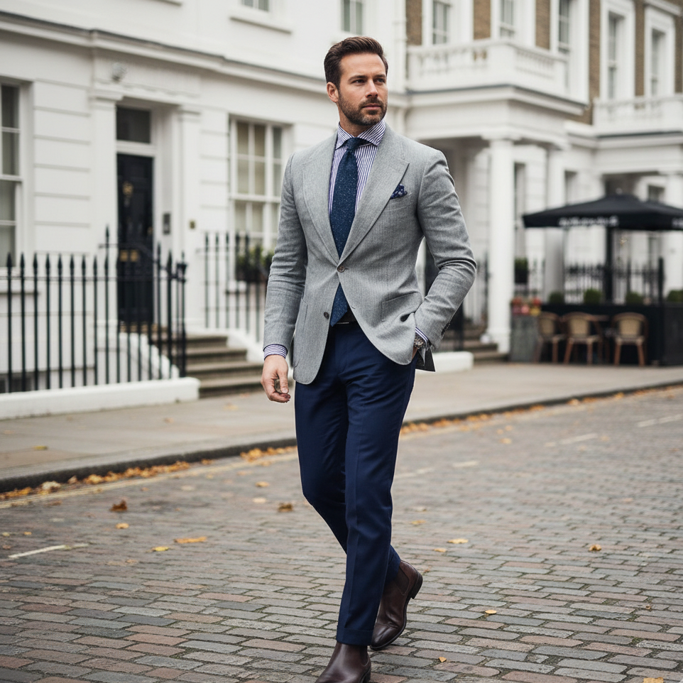 Light gray men's slim fit blazer, perfect tailored jacket for smart-casual and business casual events.