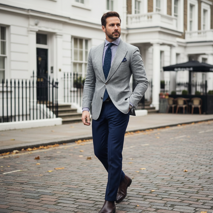 Light gray men's slim fit blazer, perfect tailored jacket for smart-casual and business casual events.