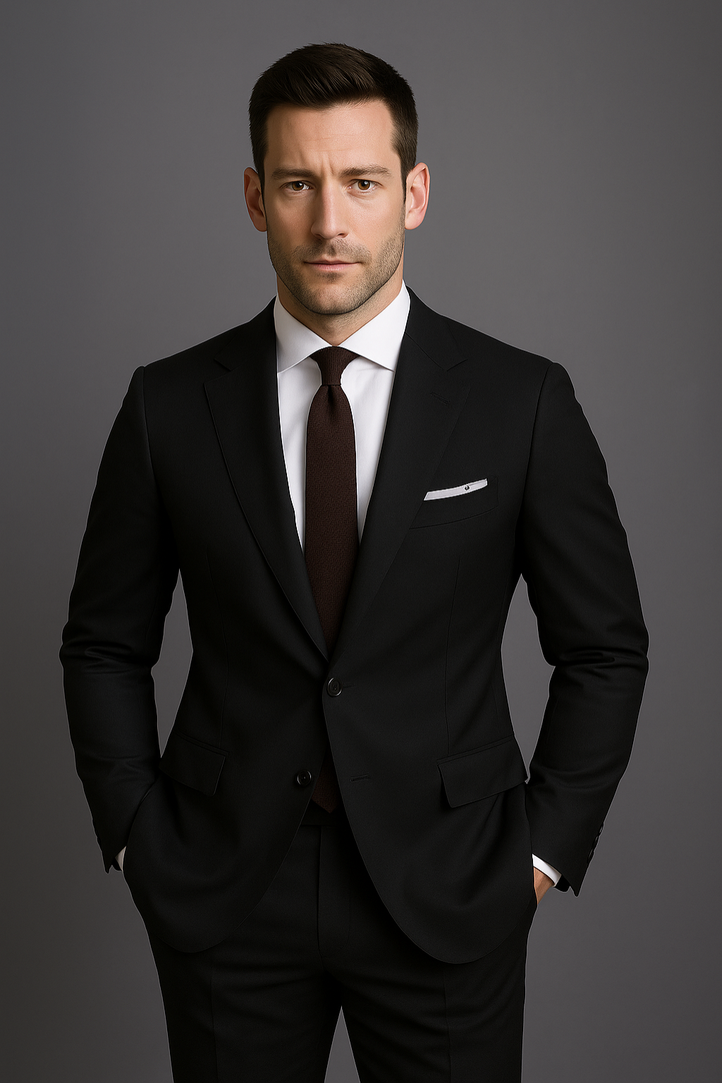 Professional men's slim fit suit in black or gray. Stylish formal wear, ideal for business meetings & events.