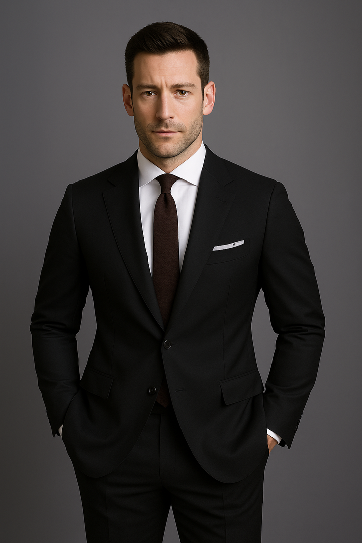 Professional men's slim fit suit in black or gray. Stylish formal wear, ideal for business meetings & events.