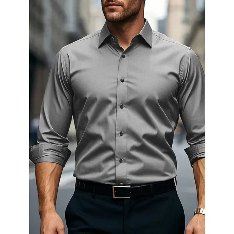 Stylish men's tailored long sleeve button-down shirt for a sharp business look. Slim fit formal menswear.
