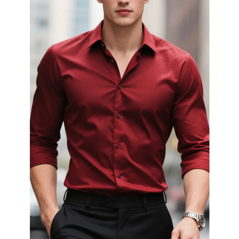 Modern men's slim fit button-down shirt, offering a tailored and stylish look. Long sleeve collared menswear.
