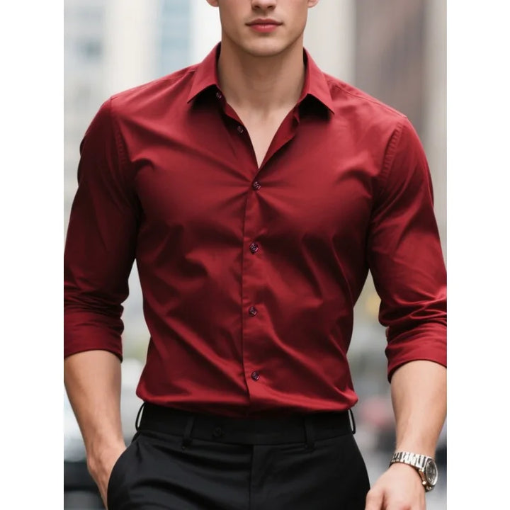Modern men's slim fit button-down shirt, offering a tailored and stylish look. Long sleeve collared menswear.